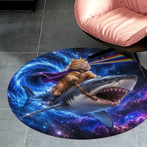 RKSupls Cat King Riding Space Shark With Rainbow Beam Round Flannel Floor Mat, Soft Non-Slip Washable Rug suitable for Living Room Bedroom Study, Decorative Floor Rug
