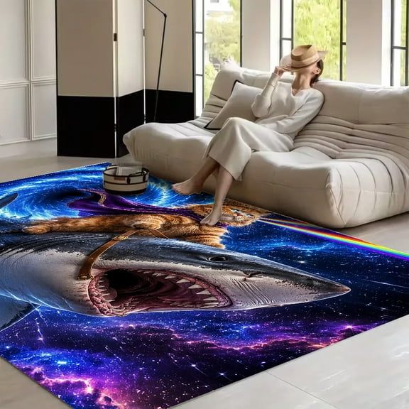 RKSupls Cat King Riding Space Shark With Rainbow Beam  Soft Fluffy Velvet Area Rug   for Living Room Bedroom, Non-Slip Washable Carpet, Modern Minimalist Home Decor Floor Mat