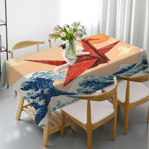 RKSupls  Cat On Origami Crane Over Waves Print Rectangle Dining Tablecloth, Festive Table Setting Holiday Party Tablecloth, Cat On Origami Crane Over Waves