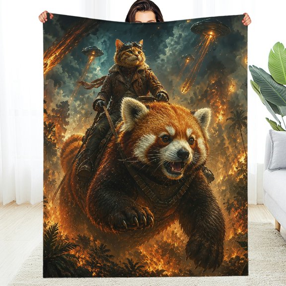 RKSupls Cat Pilot Riding Giant Red Panda  Fuzzy Bedding for the Couch, Machine Washable Warm  Decorative Blanket, Soft Throw for Couch, Travel, Camping