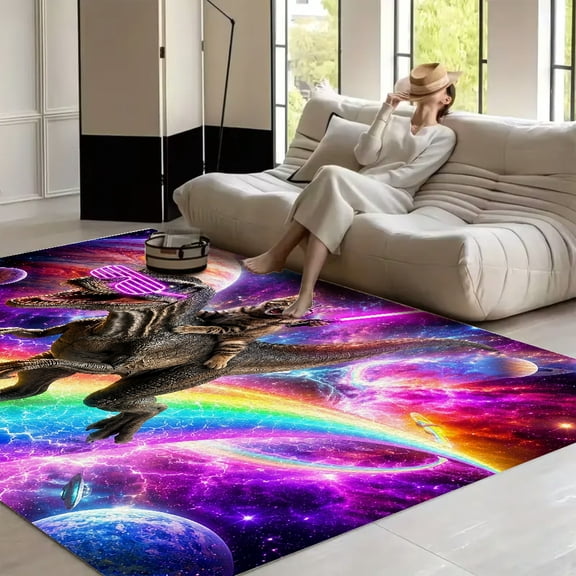 RKSupls Cat Riding Dinosaur Space  Soft Fluffy Velvet Area Rug   for Living Room Bedroom, Non-Slip Washable Carpet, Modern Minimalist Home Decor Floor Mat