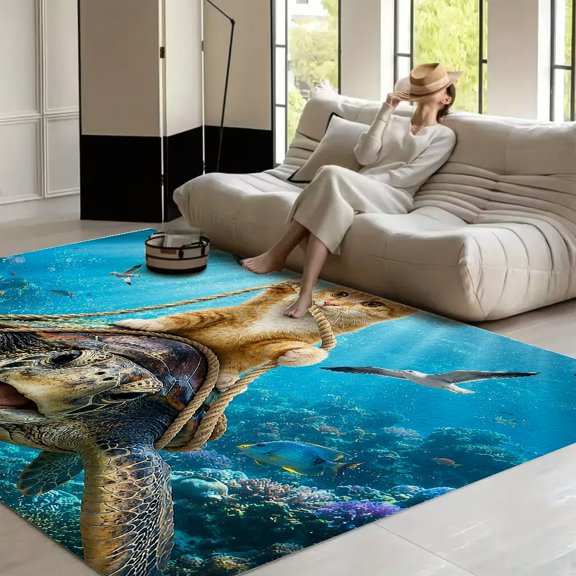 RKSupls Cat Riding Sea Turtle Underwater  Soft Fluffy Velvet Area Rug   for Living Room Bedroom, Non-Slip Washable Carpet, Modern Minimalist Home Decor Floor Mat