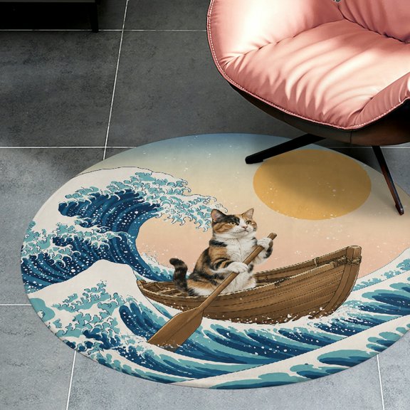 RKSupls Cat Rowing Boat On Great Wave Round Flannel Floor Mat, Soft Non-Slip Washable Rug suitable for Living Room Bedroom Study, Decorative Floor Rug