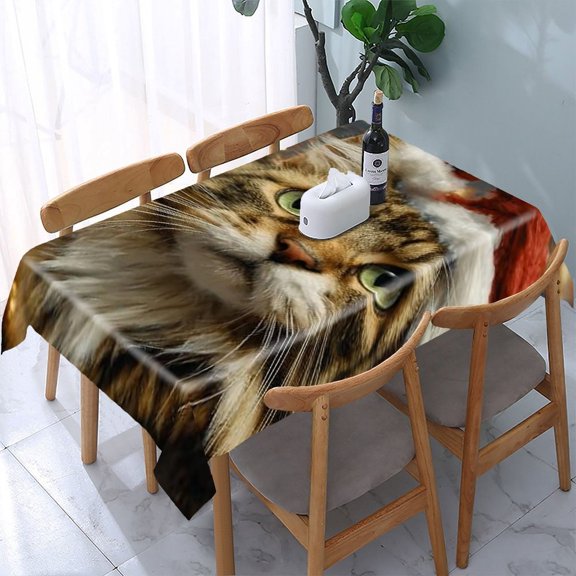 RKSupls Cat Santa Hat Christmas Rectangle Dining Tablecloth, Washable Wipeable Stain & Wrinkle Resistant Polyester Tablecloth for Kitchen Picnic Party