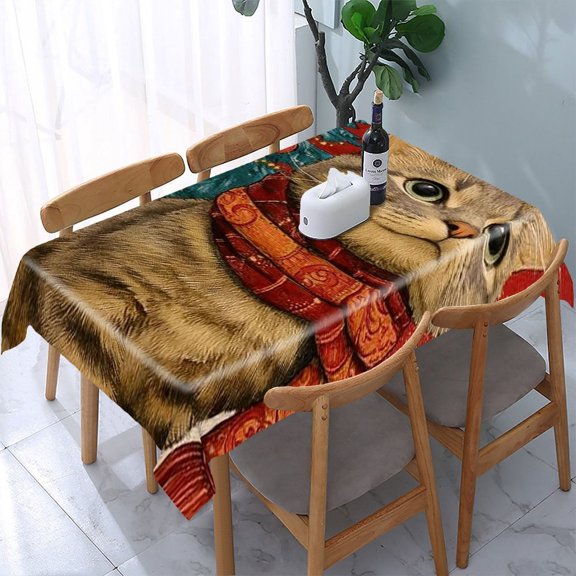 RKSupls Cat Scarf Christmas Tree Rectangle Dining Tablecloth, Washable Wipeable Stain & Wrinkle Resistant Polyester Tablecloth for Kitchen Picnic Party
