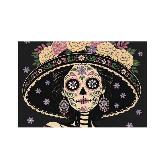 RKSupls Catrina Skeleton Floral Hat Day of Dead Linen Placemats 30x45cm Straight Edge Stain Resistant Washable Non-Slip Table Mats Table for Kitchen Dining Room Home