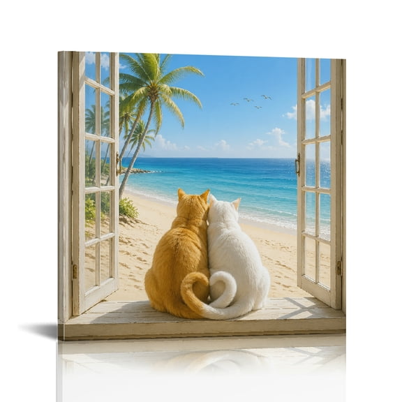 RKSupls Cats Beach Window Ocean Modern, Ready to Hang, Wall Decor Bathroom Bedroom Kitchen Hallway Study Wall Decor Prints