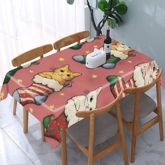 RKSupls Cats Christmas Stockings Rectangle Dining Tablecloth, Washable Wipeable Stain & Wrinkle Resistant Polyester Tablecloth for Kitchen Picnic Party