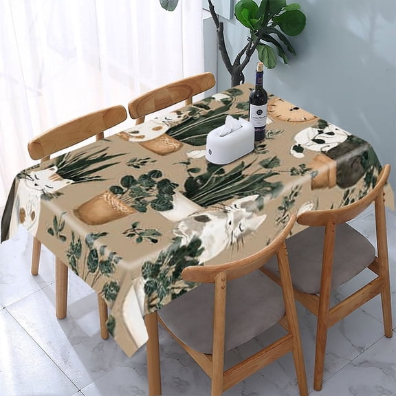 RKSupls Cats Plants Pattern Rectangle Dining Tablecloth, Washable Wipeable Stain & Wrinkle Resistant Polyester Tablecloth for Kitchen Picnic Party