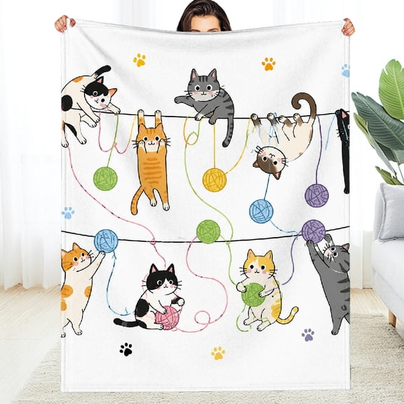 RKSupls Cats Playing Yarn String Fuzzy Bedding for the Couch, Machine Washable Napping All-Season Blanket , Soft Throw for Couch, Travel, Camping