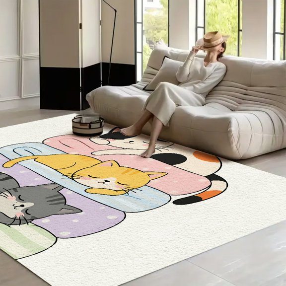 RKSupls Cats Sleeping Pillows Stack Soft Fluffy Velvet Area Rug for Living Room Bedroom, Non-Slip Washable Carpet, Modern Minimalist Home Decor Floor Mat