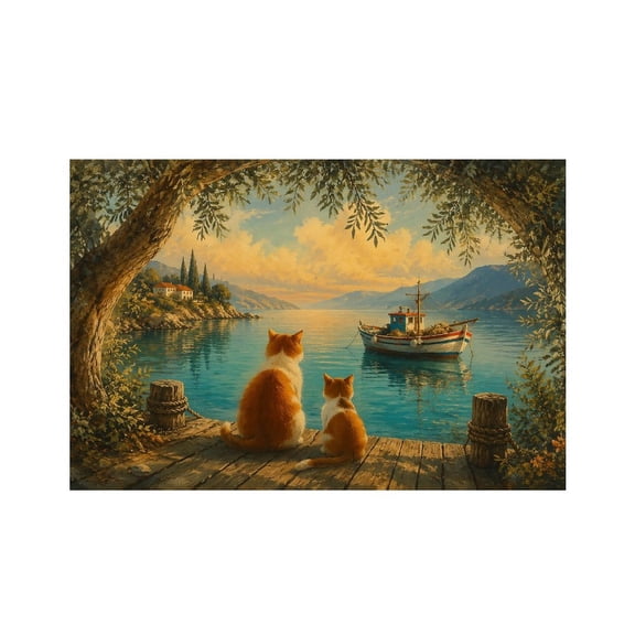RKSupls Cats Watching Coastal Sunset Linen Placemats 30x45cm Straight Edge Stain Resistant Washable Non-Slip Table Mats Table for Kitchen Dining Room Home
