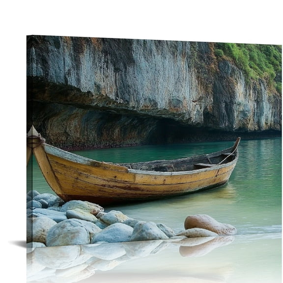 RKSupls Cave Wooden Boat Canvas Wall Art, Serene Coastal Nature Style Wall Decor Print, Modern Artwork for Living Room Bedroom Office Home Decor