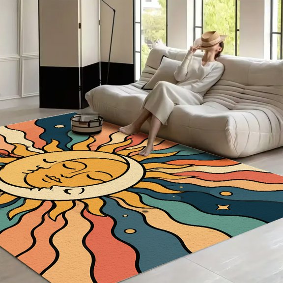 RKSupls Celestial Sun Moon Faces Soft Fluffy Velvet Area Rug for Living Room Bedroom, Non-Slip Washable Carpet, Modern Minimalist Home Decor Floor Mat