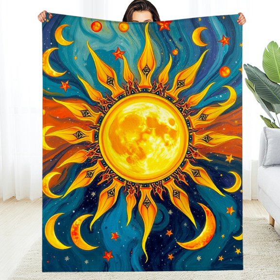 RKSupls Celestial Sun Moon Star Soft Flannel Throw Blanket, Lightweight Fuzzy Warm Cozy Blanket for Couch Bed Home Travel Decor
