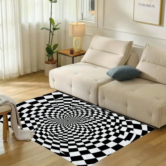 RKSupls Checkerboard Vortex Swirl Op Art Soft Flannel Area Rug 71x47 Inch Non-Slip Floor Mat for Living Room Bedroom, Warm Fuzzy Carpet for Winter Holiday Decor