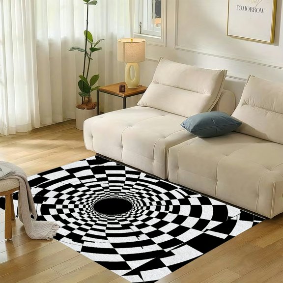RKSupls Checkered Disc Rings Op Art Soft Flannel Area Rug 71x47 Inch Non-Slip Floor Mat for Living Room Bedroom, Warm Fuzzy Carpet for Winter Holiday Decor