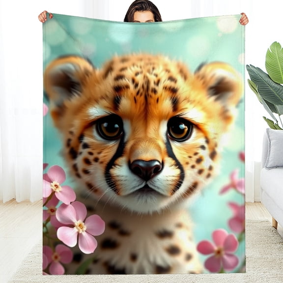 RKSupls Cheetah Cub Floral Wildlife Soft Flannel Throw Blanket, Lightweight Fuzzy Warm Cozy Blanket for Couch Bed Home Travel Decor