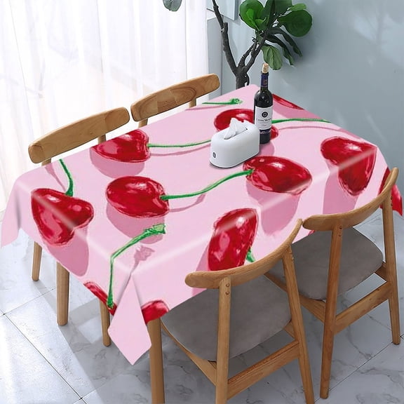 RKSupls Cherry Fruit Pink Rectangle Dining Tablecloth, Washable Wipeable Stain & Wrinkle Resistant Polyester Tablecloth for Kitchen Picnic Party