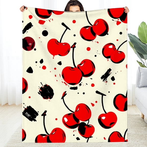 RKSupls Cherry Pattern Soft Flannel Throw Blanket, Lightweight Fuzzy Warm Cozy Blanket for Couch Bed Home Travel Decor