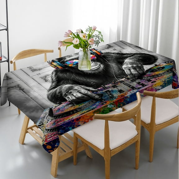 RKSupls Chimpanzee DJ with Painted Equipment Print Rectangle Dining Tablecloth, Holiday Party Tablecloth 2D Flat Printing, Chimpanzee DJ with Painted Equipment