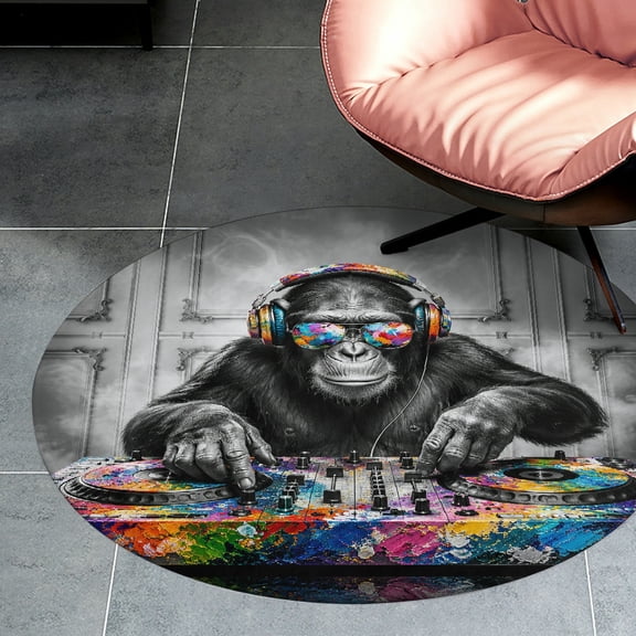 RKSupls Chimpanzee DJ with Painted Equipment Round Flannel Floor Mat, Soft Non-Slip Washable Rug suitable for Living Room Bedroom Study, Decorative Floor Rug