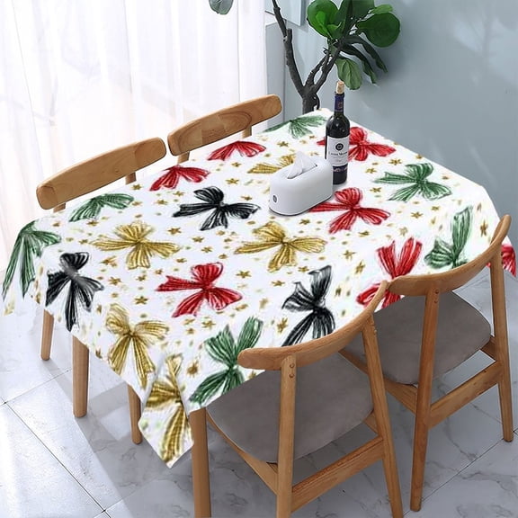 RKSupls Christmas Bows Stars Pattern Rectangle Dining Tablecloth, Washable Wipeable Stain & Wrinkle Resistant Polyester Tablecloth for Kitchen Picnic Party