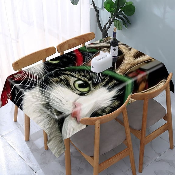 RKSupls Christmas Cats Reindeer Hats Rectangle Dining Tablecloth, Washable Wipeable Stain & Wrinkle Resistant Polyester Tablecloth for Kitchen Picnic Party