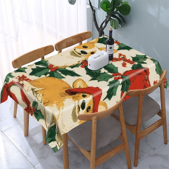RKSupls Christmas Deer Holly Pattern Rectangle Dining Tablecloth, Washable Wipeable Stain & Wrinkle Resistant Polyester Tablecloth for Kitchen Picnic Party
