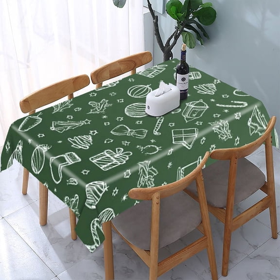 RKSupls Christmas Doodles Green Rectangle Dining Tablecloth, Washable Wipeable Stain & Wrinkle Resistant Polyester Tablecloth for Kitchen Picnic Party