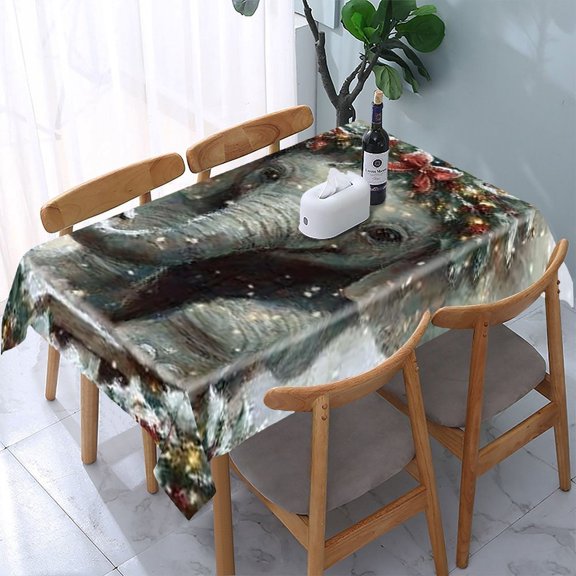 RKSupls Christmas Elephant Wreath Rectangle Dining Tablecloth, Washable Wipeable Stain & Wrinkle Resistant Polyester Tablecloth for Kitchen Picnic Party