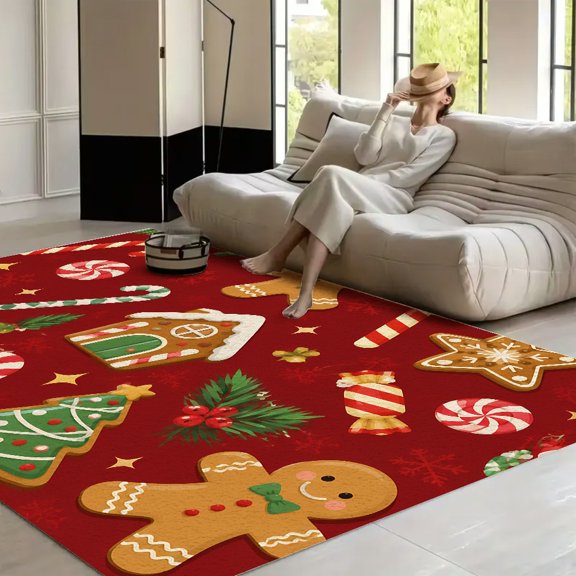 RKSupls Christmas Gingerbread Cookies Candy Canes  Soft Fluffy Velvet Area Rug   for Living Room Bedroom, Non-Slip Washable Carpet, Modern Minimalist Home Decor Floor Mat