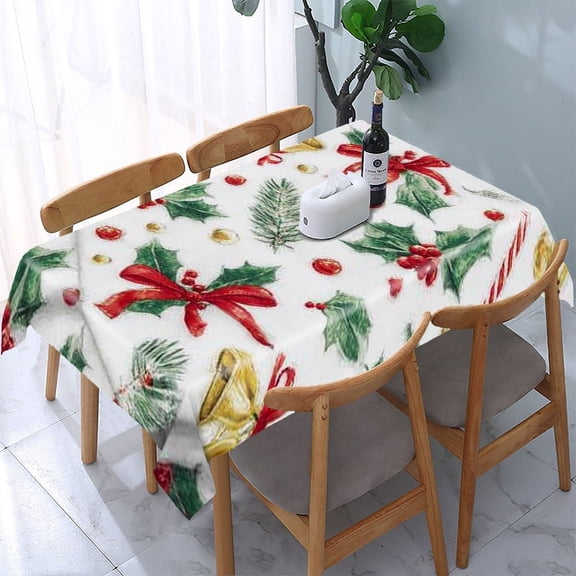 RKSupls Christmas Holly Bells Pattern Rectangle Dining Tablecloth, Washable Wipeable Stain & Wrinkle Resistant Polyester Tablecloth for Kitchen Picnic Party