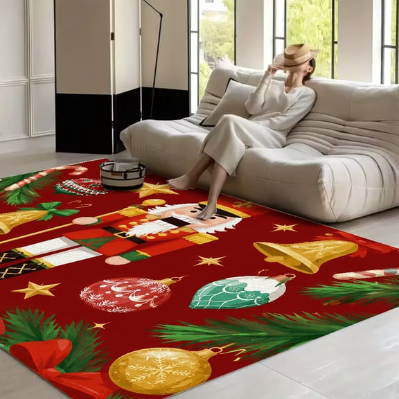 RKSupls Christmas Nutcracker Bells Ornaments Soft Fluffy Velvet Area Rug for Living Room Bedroom, Non-Slip Washable Carpet, Modern Minimalist Home Decor Floor Mat