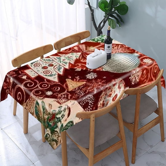 RKSupls Christmas Ornaments Patchwork Rectangle Dining Tablecloth, Washable Wipeable Stain & Wrinkle Resistant Polyester Tablecloth for Kitchen Picnic Party