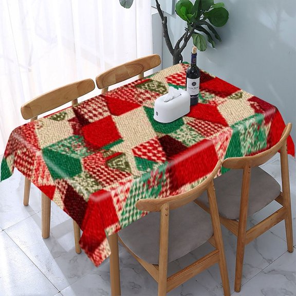 RKSupls Christmas Patchwork Geometric Rectangle Dining Tablecloth, Washable Wipeable Stain & Wrinkle Resistant Polyester Tablecloth for Kitchen Picnic Party