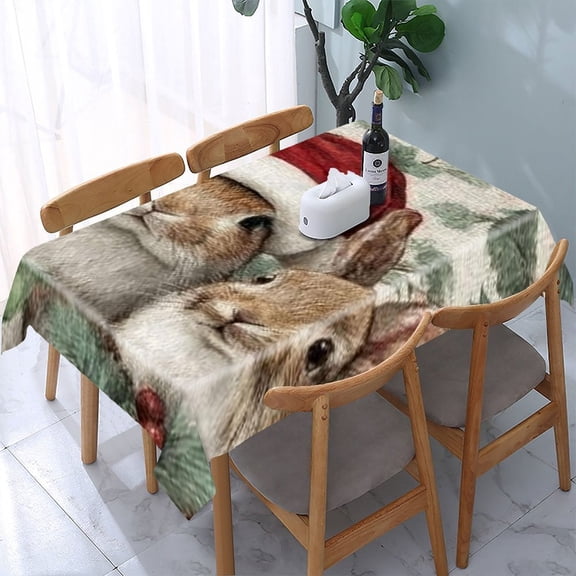 RKSupls Christmas Rabbits Holly Rectangle Dining Tablecloth, Washable Wipeable Stain & Wrinkle Resistant Polyester Tablecloth for Kitchen Picnic Party