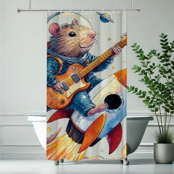 RKSupls Christmas Shower Curtain, Cartoon Mouse Rocket Shower Curtain with Hooks for Christmas Home Bathroom Decor Washable Curtains, 36x72 in