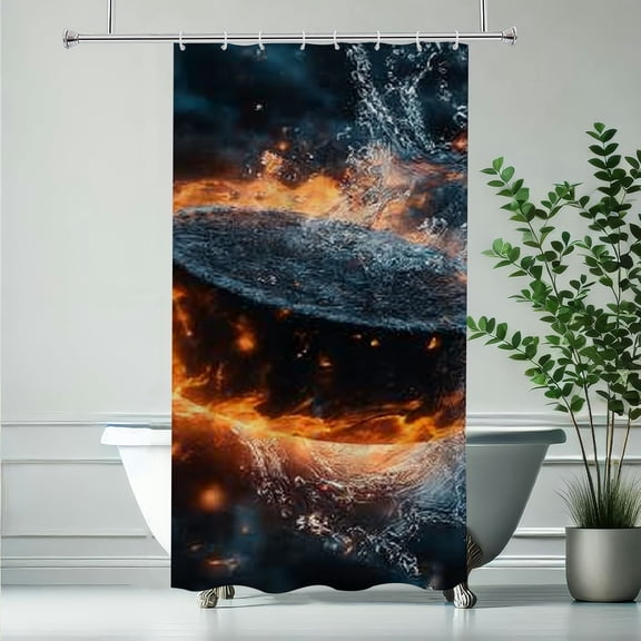 RKSupls Christmas Shower Curtain, Fiery Ice Hockey Shower Curtain with Hooks for New Year Home Bathroom Decor Washable Curtains, 36x72 in
