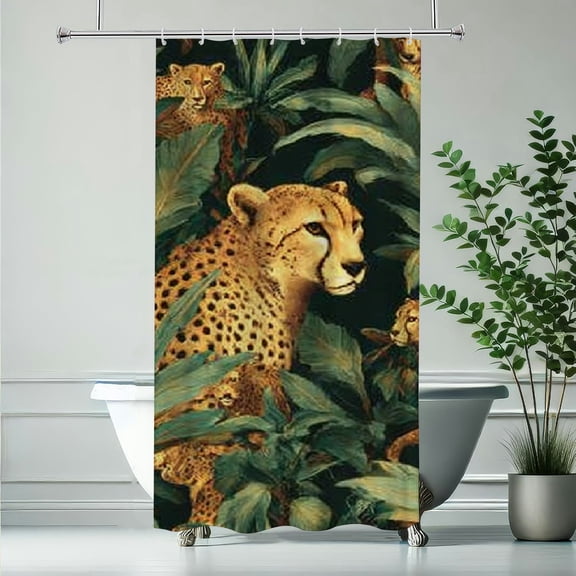 RKSupls Christmas Shower Curtain, Leopard Tropical Rainforest Curtain with Hooks for Christmas Home Bathroom Decor Washable Curtains, 36x72 in
