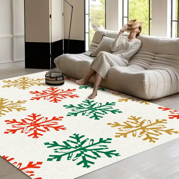 RKSupls Christmas Snowflake Grid Soft Fluffy Velvet Area Rug for Living Room Bedroom, Non-Slip Washable Carpet, Modern Minimalist Home Decor Floor Mat