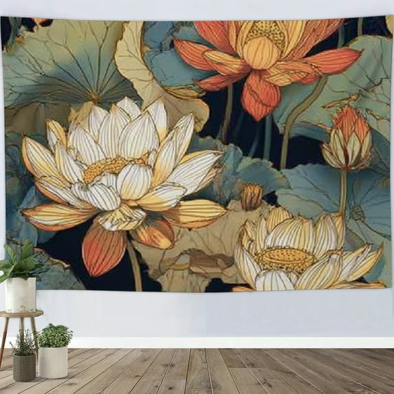 RKSupls Christmas Tapestry Wall Art, Lotus Flower Hanging Tapestry Decoration for Happy New Year Bedroom, Living Room, Dorm, Apartment Home Decor,80*60in
