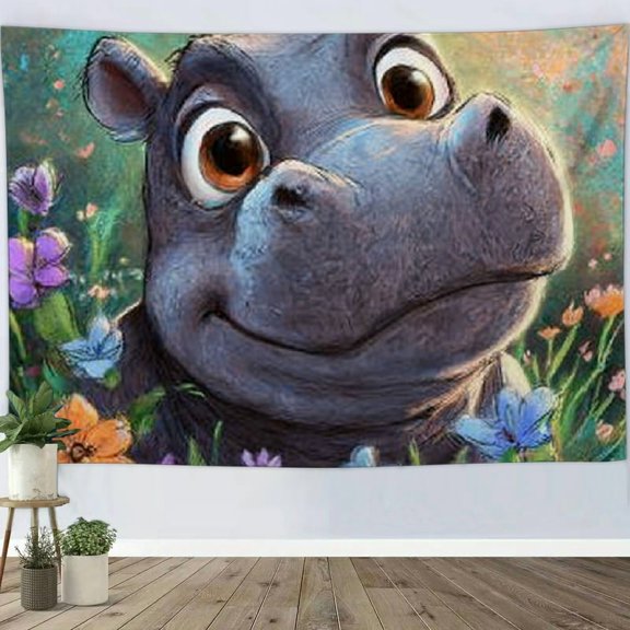 RKSupls Christmas Tapestry Wall Art, Lovely Hippo Hanging Tapestry Decoration for Happy New Year Bedroom, Living Room, Dorm, Apartment Home Decor,90*60in