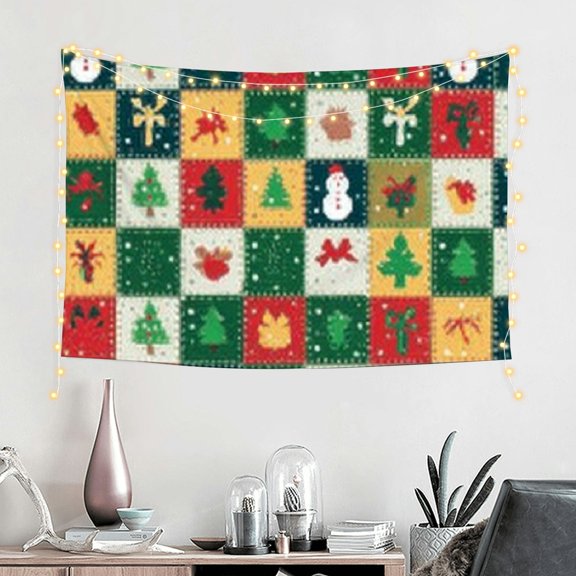 RKSupls Christmas Tapestry Wall Art, Square Lattice Christmas Hanging Tapestry Decoration for New Year Bedroom, Living Room, Dorm, Apartment Home Decor,60*40in