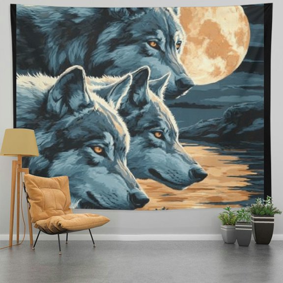 RKSupls Christmas Tapestry Wall Art, Three Wolves Howling Hanging Tapestry Decoration for Happy New Year Bedroom, Living Room, Dorm, Apartment Home Decor,60*50in
