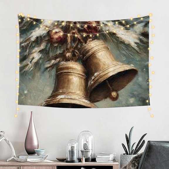 RKSupls Christmas Tapestry Wall Art, Vintage Golden Christmas Bells Hanging Tapestry Decoration for Happy New Year Bedroom, Living Room, Dorm, Apartment Home Decor,60*40in