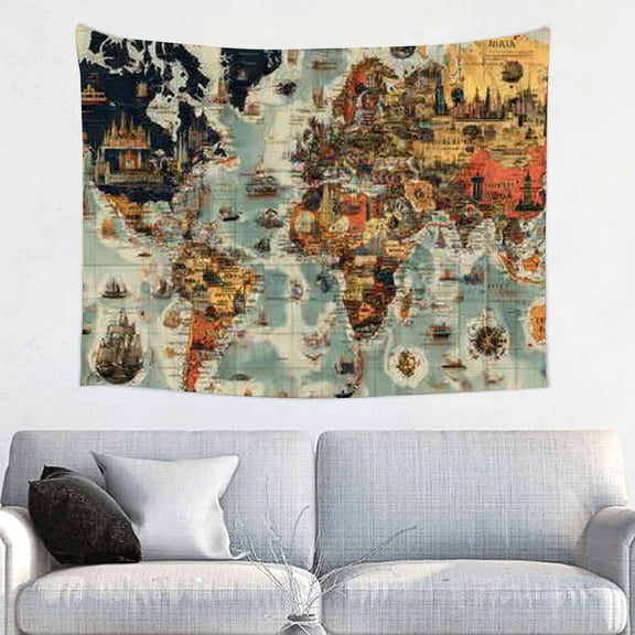 RKSupls Christmas Tapestry Wall Art, World Map Hanging Tapestry Decoration for Happy New Year Bedroom, Living Room, Dorm, Apartment Home Decor,40*30in