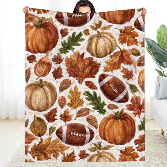 RKSupls Christmas Throw Blanket, Autumn Pumpkin Maple Leaves Rugby Soft Flannel Blanket, Fuzzy Warm Cozy Happy New Year Blanket for Couch Bed Home Decor, 30*40in