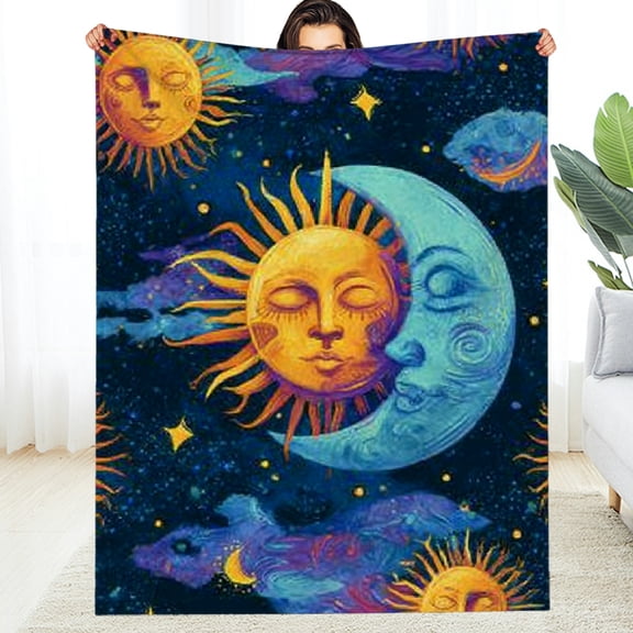 RKSupls Christmas Throw Blanket, Celestial Sun Moon Soft Flannel Blanket, Fuzzy Warm Cozy Happy New Year Blanket for Couch Bed Home Decor, 40*50in