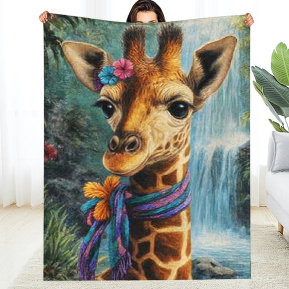 RKSupls Christmas Throw Blanket, Cute Giraffe in Lush Forest Soft Flannel Blanket, Fuzzy Warm Cozy Happy New Year Blanket for Couch Bed Home Travel Decor, 60*80in